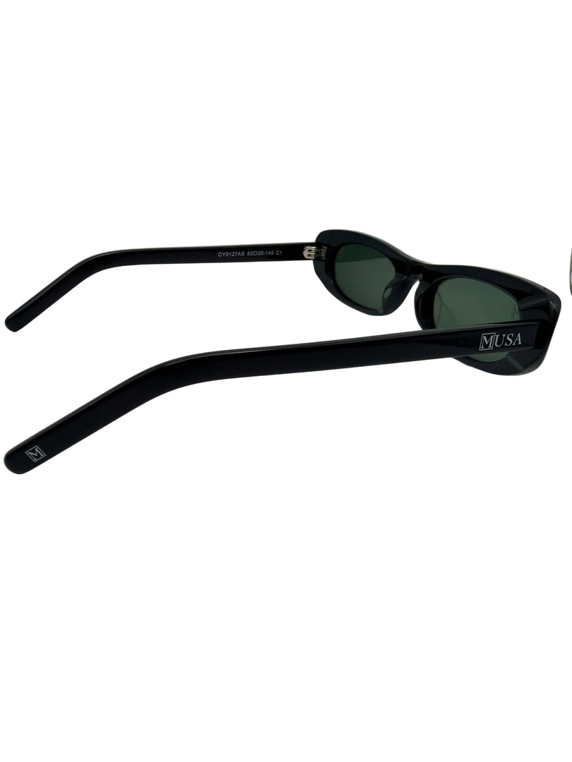 Narrow black sunglasses with green tinted lenses