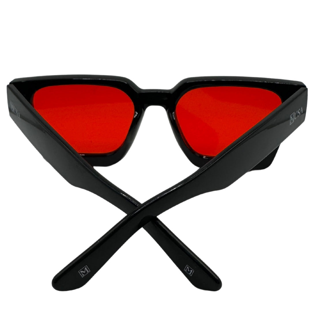 Black frame luxury sunglasses with red tint