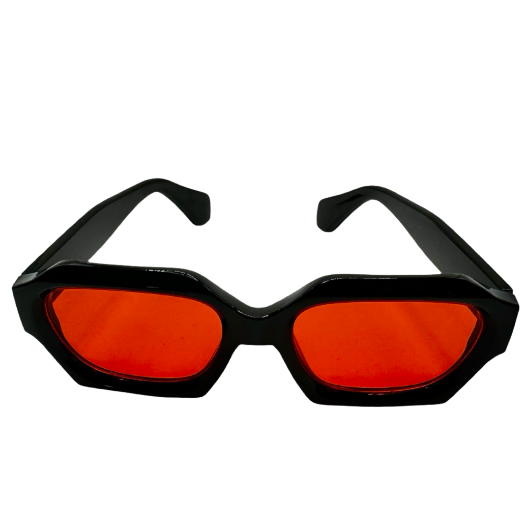 Black sculpted sunglasses with red tint lenses