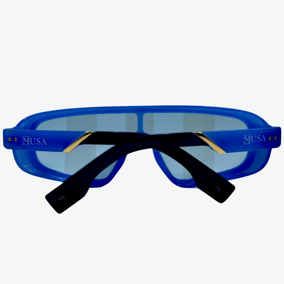 Futuristic blue frame sunglasses by House of Musa