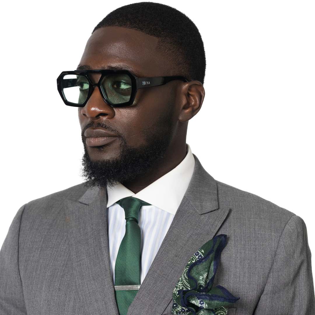 Model wearing Abuja green lens sunglasses