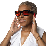 Model wearing Fes statement sunglasses