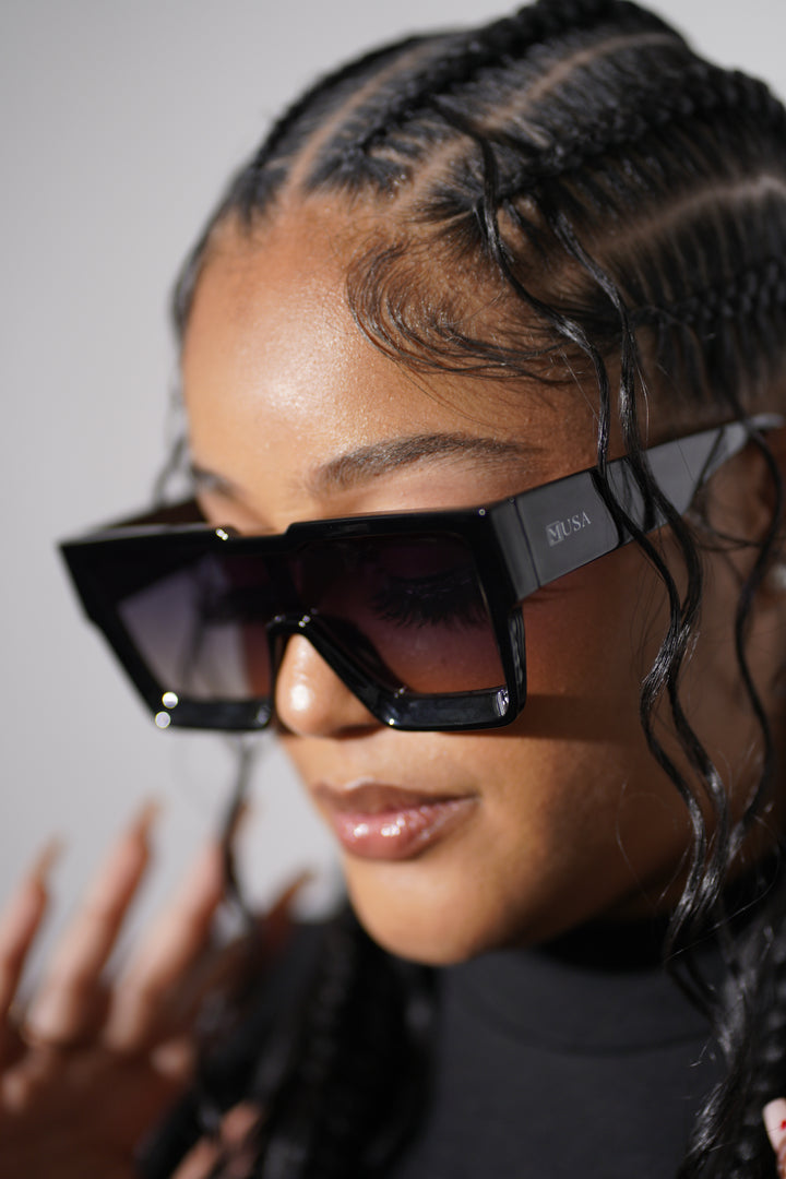 Model wearing Sudan statement sunglasses