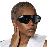 Model wearing Tema shield sunglasses
