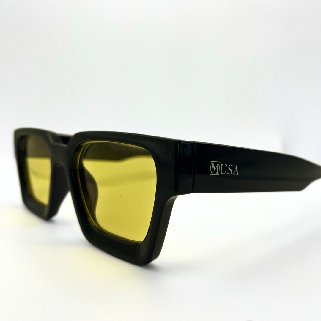 Side profile of Benin black frame sunglasses