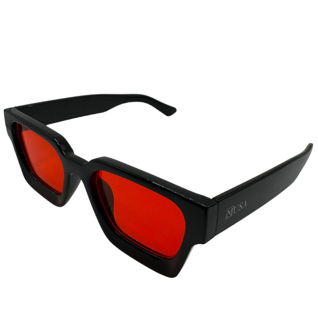 Side profile of Fes red lens sunglasses
